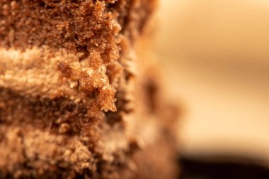 Çikolatalı pasta ve metal çatal. Yakın çekim, seçici odaklanma