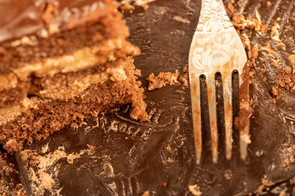 Schokoladenkuchen Und Eine Metallgabel Nahaufnahme Selektiver Fokus Stockbild