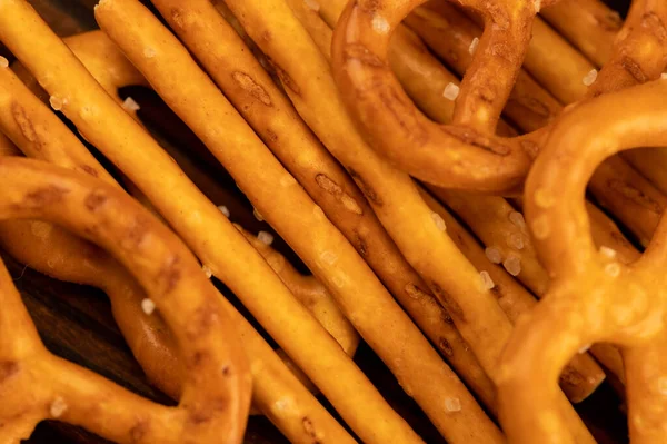 Salted Breadsticks Salted Pretzels Scattered Table Close Selective Focus — Stock Photo, Image