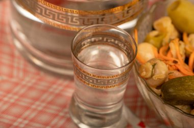 Bir bardak votka, salatalık turşusu ve cam bir kapta tuzlanmış mantar. Kabataslak desenli ev yapımı kumaş. Seçici Odaklamayı Kapat