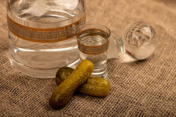 Glass Decanter Vodka Glass Vodka Pickled Cucumbers Background Homespun Fabric — Stock Photo, Image