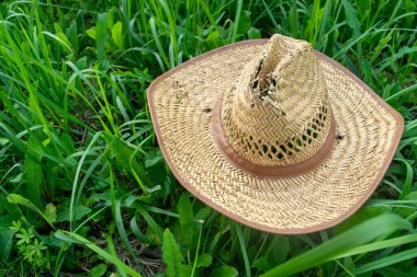 Yeşil çimlerin üzerinde eski bir hasır şapka, yakın plan, seçici odaklanma