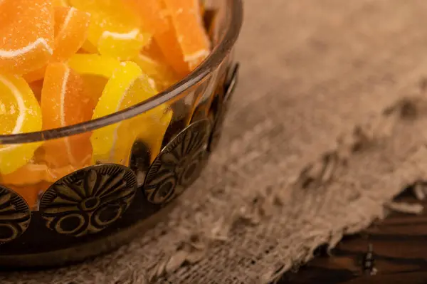 Multi Colored Shaped Marmalade Lemon Slices Vintage Vase Close Selective — Stock Photo, Image