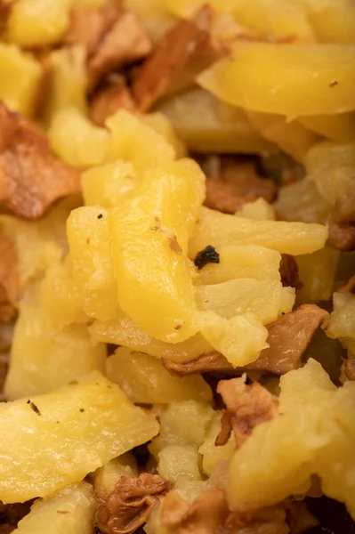 Pan-fried potatoes with mushrooms, close-up, selective focus. A traditional village dish