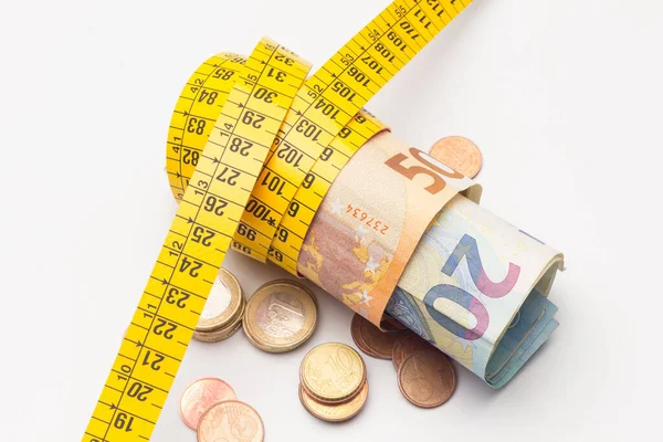 Измерение Ленты Случайным Образом Накручивается Деньги Деньги Евро Стоковая Картинка