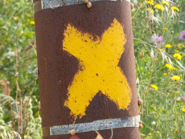 Žlutý Kříž Značka Venkovské Silnici Označující Různé Údaje Nebo Zákazy — Stock fotografie