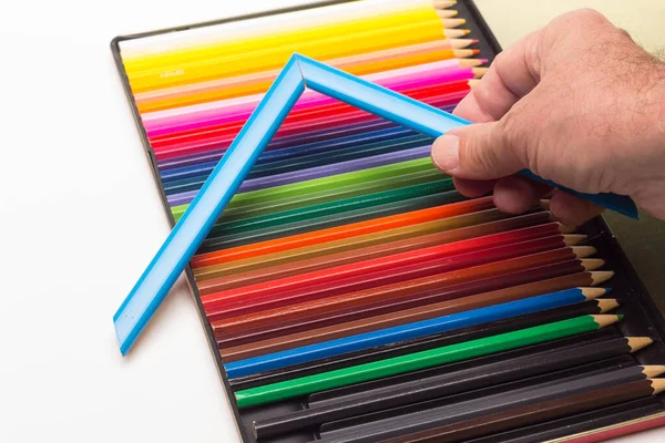 Mão Dedos Gama Cores Lápis Cor Gama Completa Ângulos Coloridos — Fotografia de Stock