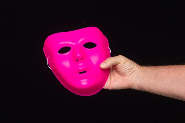 Máscara Fucsia Mano Una Persona Adulta Sobre Fondo Negro Máscara — Foto de Stock