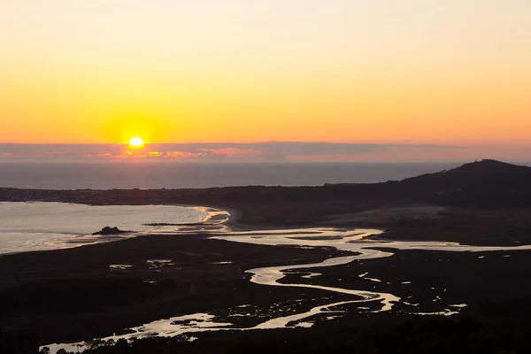 Solnedgång Vid Mynningen Floden Artes Atlanten Galicien Spanien Lek Med — Stockfoto