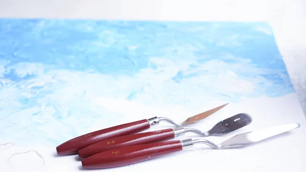 Pintura Acrílica Oceánica Con Paleta Cuchillo Sobre Lienzo Con Azul — Foto de Stock