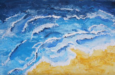 Palet ve fırçayla çizim tezgahında akrilik deniz ve plaj resimleri. Fırça ve bıçak paleti tekniğiyle altın el boyama üzerinde mavi dalga. Tablodaki sanat.