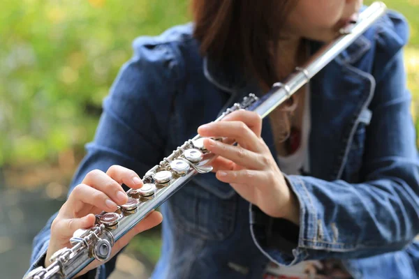 Instrumentista Clássico Flauta Tocando Música Instrutor Praticando Sopro Bronze Para — Fotografia de Stock