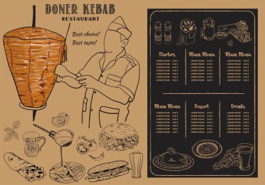 Kebap pişirme ve kebap malzemeleri, Arap mutfağı. Fast food menü tasarım elemanları. Shawarma el çizimi çerçeve. Orta doğu yemekleri. Türk yemeği. İllüstrasyon - Vektör.