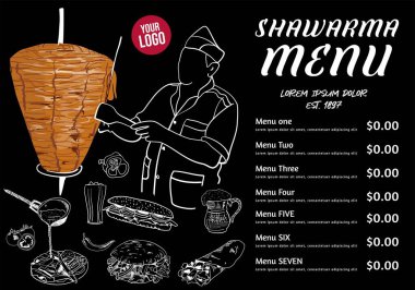Kebap pişirme ve kebap malzemeleri, Arap mutfağı. Fast food menü tasarım elemanları. Shawarma el çizimi çerçeve. Orta doğu yemekleri. Türk yemeği. İllüstrasyon - Vektör.