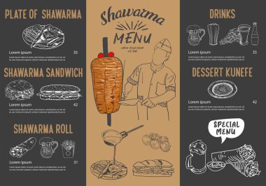 Kebap pişirme ve kebap malzemeleri, Arap mutfağı. Fast food menü tasarım elemanları. Shawarma el çizimi çerçeve. Orta doğu yemekleri. Türk yemeği. İllüstrasyon - Vektör.