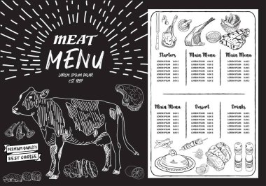 Restoran ve kafe için biftek menüsü. Yemek broşürü. Klasik harflerle dizayn edilmiş tasarım ve elle çizilmiş grafik simgeleri. Vektör.