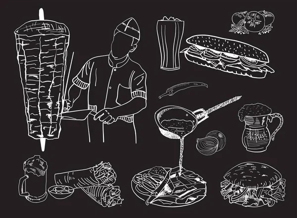 ケバブ アラビア料理のフレームのための調理や食材を寄付します ファーストフードメニューのデザイン要素 シャワルマ手描きのフレーム 中東料理 トルコ料理 イラスト Vector — ストックベクタ