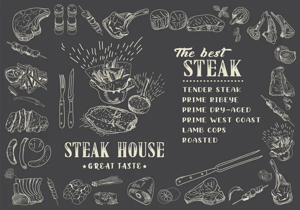 Steakkarte Für Restaurant Und Café Lebensmittelflyer Design Layout Mit Vintage — Stockvektor