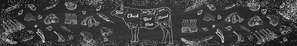 Steak Menu Voor Restaurant Cafe Set Van Voedsel Doodles Schoolbord — Stockvector