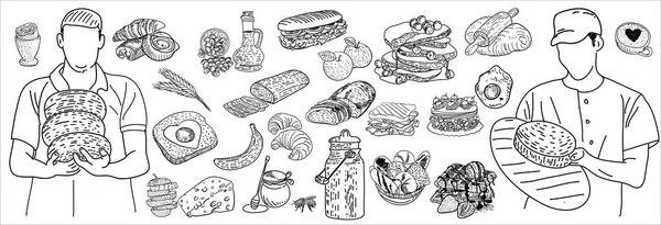 食品成分の手のベクトルでレタリングとドアのセットを描画 — ストックベクタ