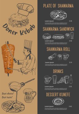 Shawarma yemeği ve kebap malzemeleri. Döner kebap el çizimi. Fast food menü tasarım elemanları. Restoran kafe menüsü, şablon tasarımı. Yemek broşürü. Vektör.