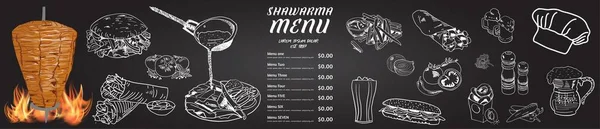 Shawarma Matlagning Och Ingredienser För Kebab Doner Kebab Handritad Design — Stock vektor