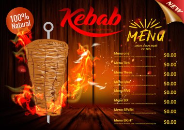 Shawarma yemeği ve kebap malzemeleri. Döner kebap el çizimi. Fast food menü tasarım elemanları. Restoran kafe menüsü, şablon tasarımı. Yemek broşürü. Vektör.