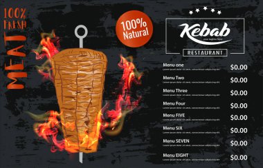 Shawarma yemeği ve kebap malzemeleri. Döner kebap el çizimi. Fast food menü tasarım elemanları. Restoran kafe menüsü, şablon tasarımı. Yemek broşürü. Vektör.