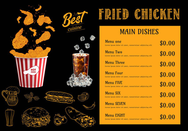 Жареное куриное мясо. Флейм меню фон. Пламя пламени на черном фоне. Элементы дизайна меню быстрого питания. Меню ресторана кафе, шаблон дизайна. Флайер с едой. Вектор.