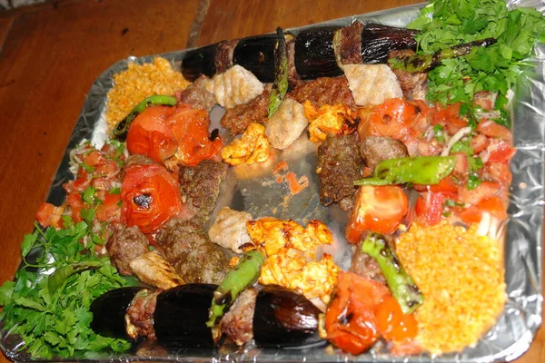 Kebab Főzés Összetevők Arab Konyhai Keret Közel Keleti Élelmiszer — Stock Fotó