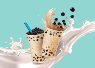 Köpüklü süt çayı, Pearl sütlü çay, farklı türde Boba. Lezzetli içecekler. Lezzetli tapyokalı reklamlar. Restoran kafe menüsü, şablon tasarımı. Yemek broşürü. Tebeşir tahtası, retro menü restoran posteri. 