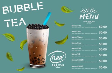 Köpüklü süt çayı, Pearl sütlü çay, farklı türde Boba. Lezzetli içecekler. Lezzetli tapyokalı reklamlar. Restoran kafe menüsü, şablon tasarımı. Yemek broşürü. Tebeşir tahtası, retro menü restoran posteri. 