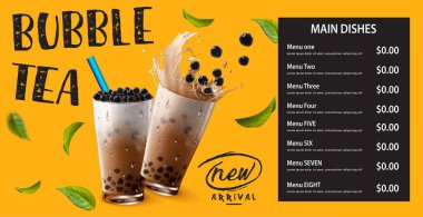 Köpüklü süt çayı, Pearl sütlü çay, farklı türde Boba. Lezzetli içecekler. Lezzetli tapyokalı reklamlar. Restoran kafe menüsü, şablon tasarımı. Yemek broşürü. Tebeşir tahtası, retro menü restoran posteri. 
