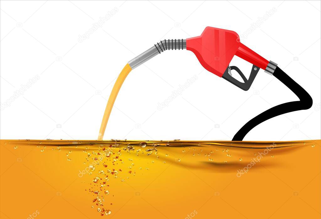 Nozzle pumping gasoline in a tank, of fuel nozzle pouring gasoline over white background, nozzle pumping a gasoline fuel liquid in a tank of oil industry. Vector.