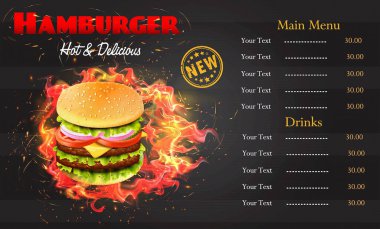 Lüks Kral Burger. 3 boyutlu illüstrasyon. Fast food restoranı ya da kafe için fast food menü şablonu. 