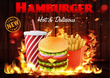 Lüks Kral Burger. 3 boyutlu illüstrasyon. Fast food restoranı ya da kafe için fast food menü şablonu. 