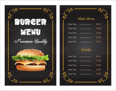 Lüks Kral Burger. 3 boyutlu illüstrasyon. Fast food restoranı ya da kafe için fast food menü şablonu. 
