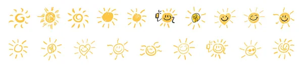 太陽のシンボル 手描きの笑顔かわいい太陽のアイコンイラスト ベクトル — ストックベクタ