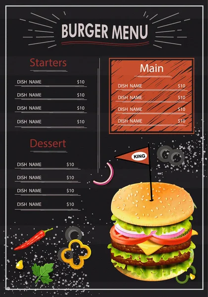 Luksusowy Król Hamburger Ilustracja Szablon Menu Fast Food Dla Restauracji — Wektor stockowy