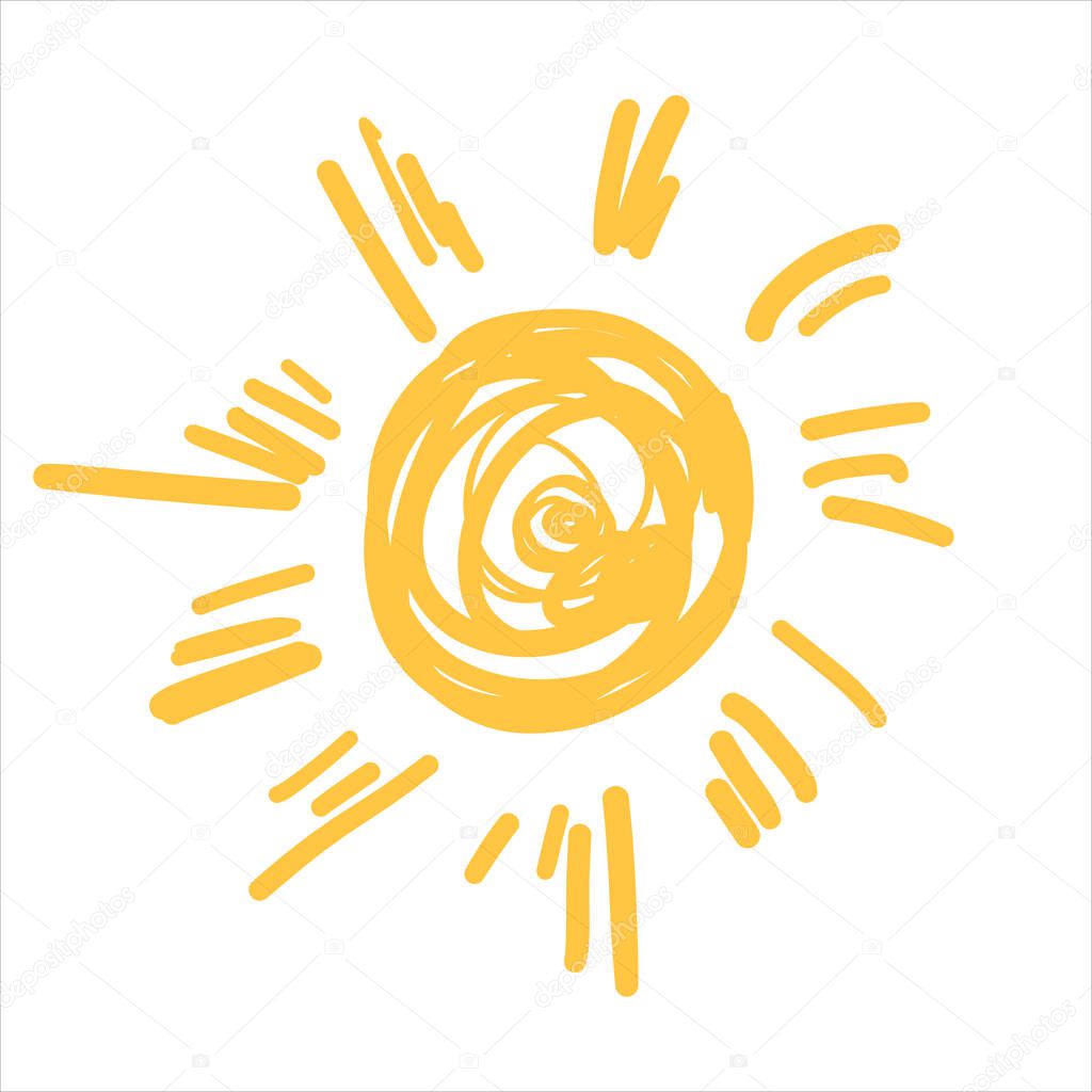 Sun symbol. Hand drawn smiling cute sun icon illustration. Vector.