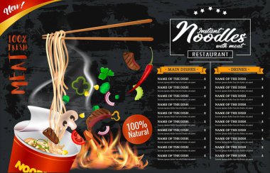 Anında erişteler. Çin ve Tayvan eriştesi. Japon ramen fast food. Erişteli çubuklar. Gerçekçi bir fincan Asya eriştesi. Reklam pankartı için gerçekçi bir resim şablonu. Vektör.