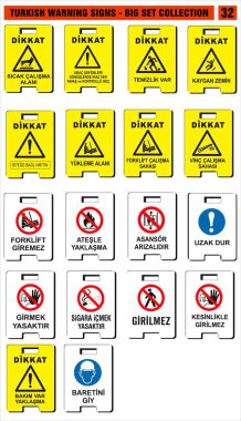 Türk tabela modelleri, tehlike işareti, uyarı tabelası, iş güvenliği ve sağlık tabelaları, yasak tabela, acil durum işareti. Çıkartma, poster ve diğer materyal baskıları için. Modifiye etmesi kolay. Vektör.