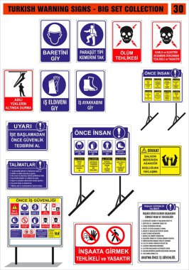 Türk tabela modelleri, tehlike işareti, uyarı tabelası, iş güvenliği ve sağlık tabelaları, yasak tabela, acil durum işareti. Çıkartma, poster ve diğer materyal baskıları için. Modifiye etmesi kolay. Vektör.