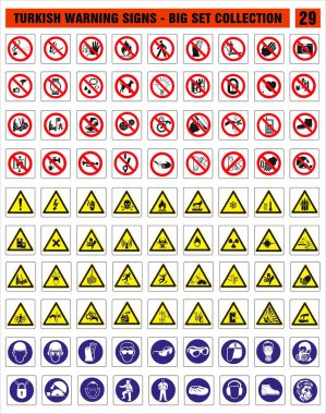 Türk tabela modelleri, tehlike işareti, uyarı tabelası, iş güvenliği ve sağlık tabelaları, yasak tabela, acil durum işareti. Çıkartma, poster ve diğer materyal baskıları için. Modifiye etmesi kolay. Vektör.