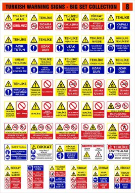 Türk tabela modelleri, tehlike işareti, uyarı tabelası, iş güvenliği ve sağlık tabelaları, yasak tabela, acil durum işareti. Çıkartma, poster ve diğer materyal baskıları için. Modifiye etmesi kolay. Vektör.