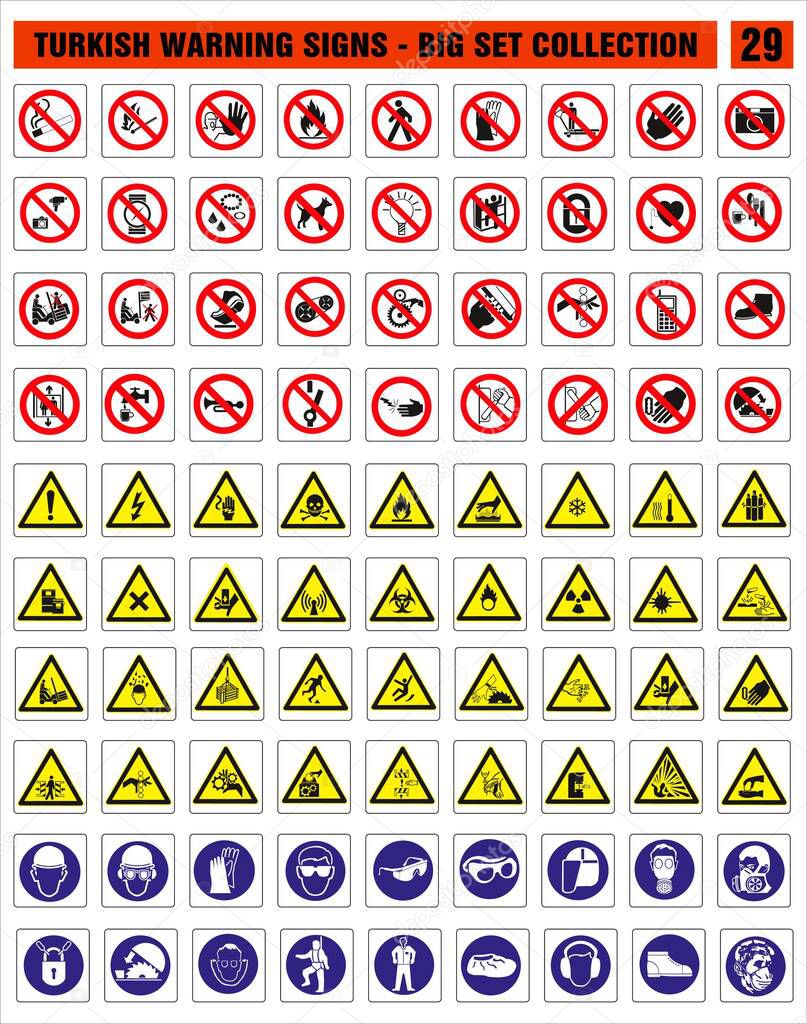 Turkish signage models, hazard sign, warning signboard, occupational safety and health signs, prohibited sign, emergency sign. for sticker, posters, and other material printing. easy to modify. Vector.