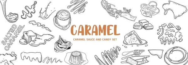 Caramel Products Top View Frame Hand Drawn Illustration Pieces Caramel — Wektor stockowy