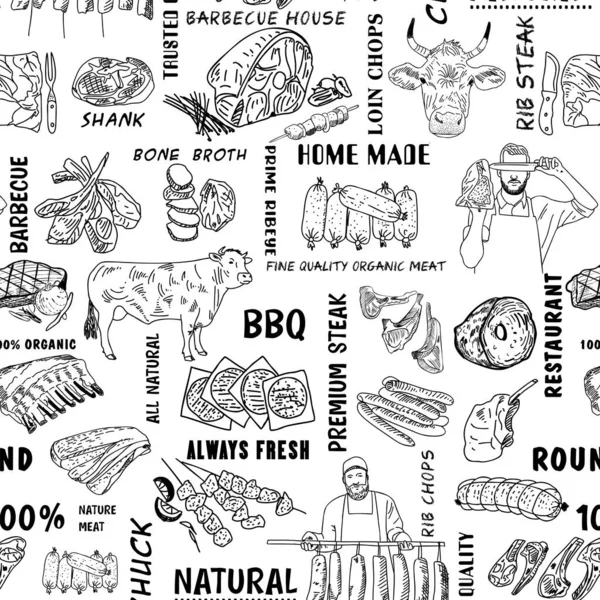 Χειροποίητα Προϊόντα Κρέατος Χωρίς Ραφή Μοτίβο Vintage Πρότυπο Σχεδιασμού Banner — Διανυσματικό Αρχείο