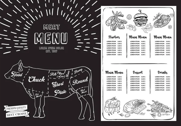 Biftek Menüsü Restoran Şablonu Tahtada — Stok Vektör