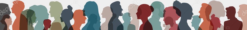 Women and male silhouette profile group from various cultures. Vector.